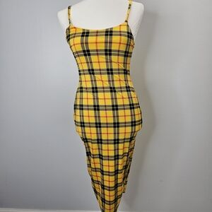 Skiny Strap Yellow Plaid Bodycon Midi Dress